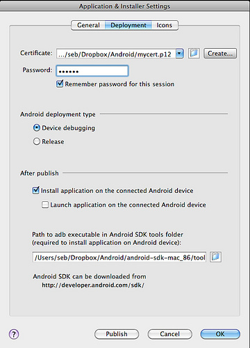 AIR Android debug settings